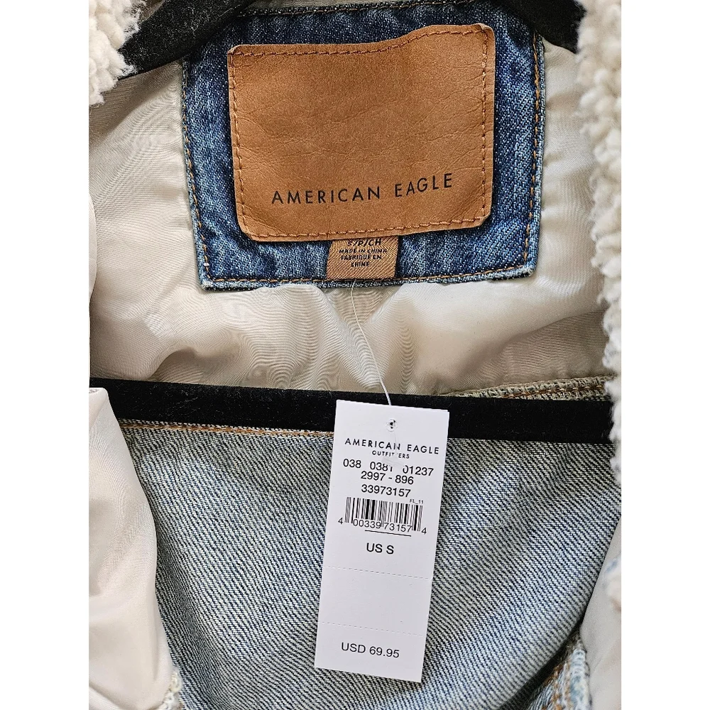 American Eagle S Cream Sherpa Denim Jacket - Picture 6 of 11